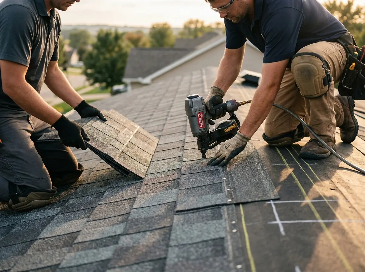 Professional roofer working on a residential roof in Kendall West
